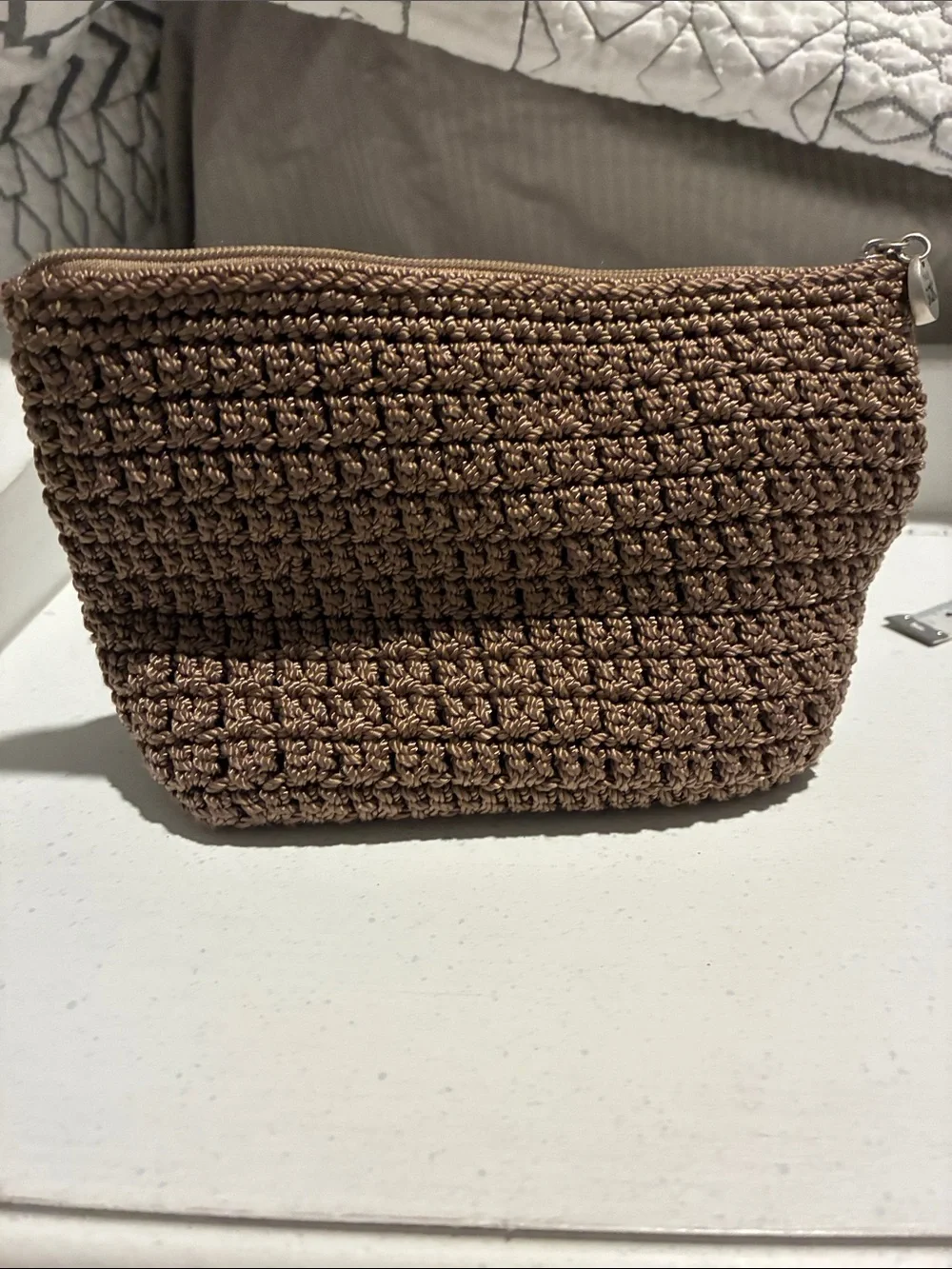 The Sak Brown Crochet Cosmetic Pouch with Top Zipper